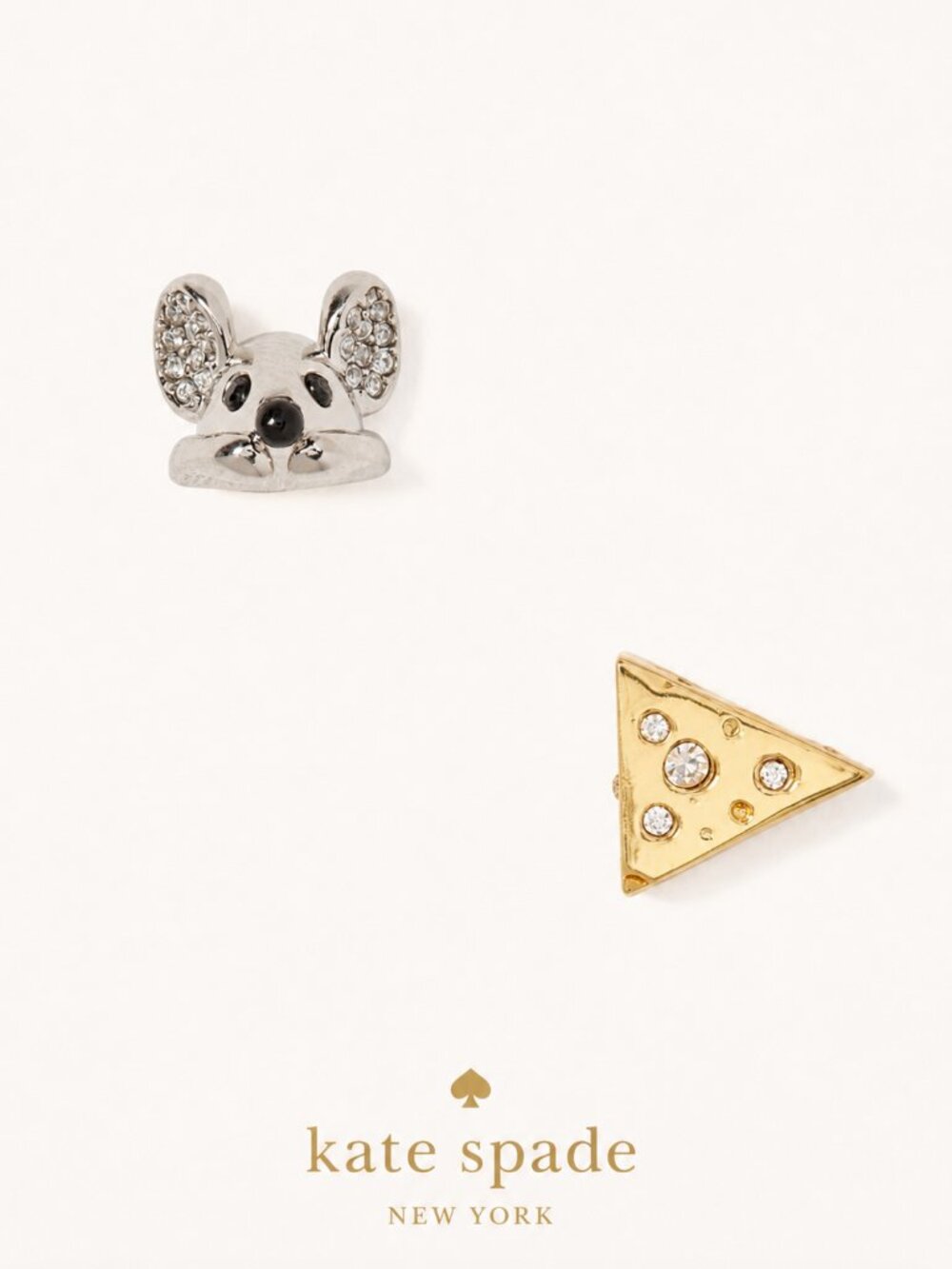 Kate Spade Mouse Cheese Crystal Mismatched Stud Earrings Gold Silver🐭🧀